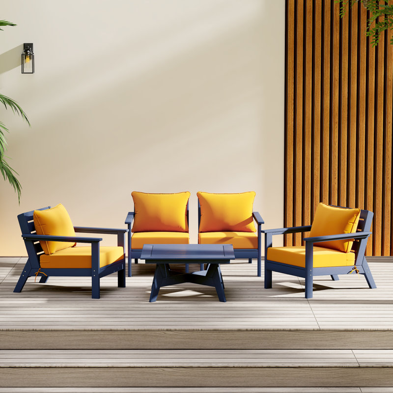 5-Piece Deep Seating Set, Navy Blue, Yellow