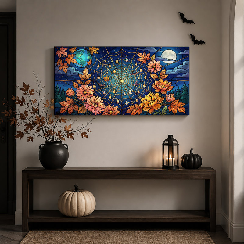 Toile murale d'Halloween motif toile d'araignée florale orange et lune, vitrail, tableau, L 32 po x H 16 po