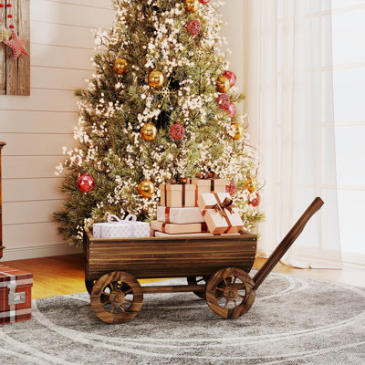 Wooden Wagon Planter Box, Mobile Garden Planter with 4 Wheels
