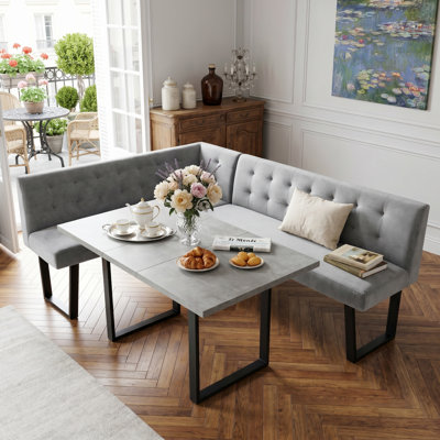 Extendable Dining Table Set, 130 x 170cm Cement Dust MDF Rectangular Top, Corner Benches and Benches, Modern Contemporary Style for Dining Room and Kitchen      