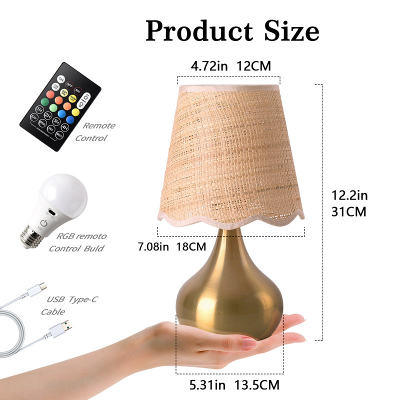 Lampe de table sans fil RVB rechargeable, Doré, Métal métal, Télécommande