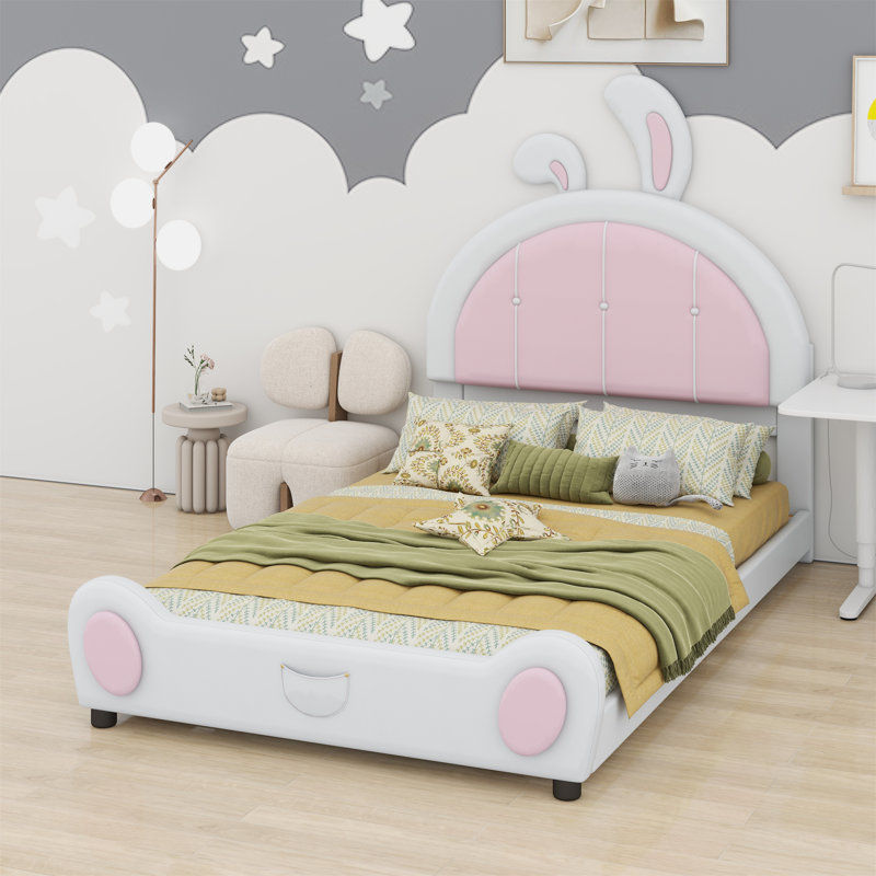 Twin Size Upholstered Platform Bed With Rabbit Shaped Headboard, White/Pink