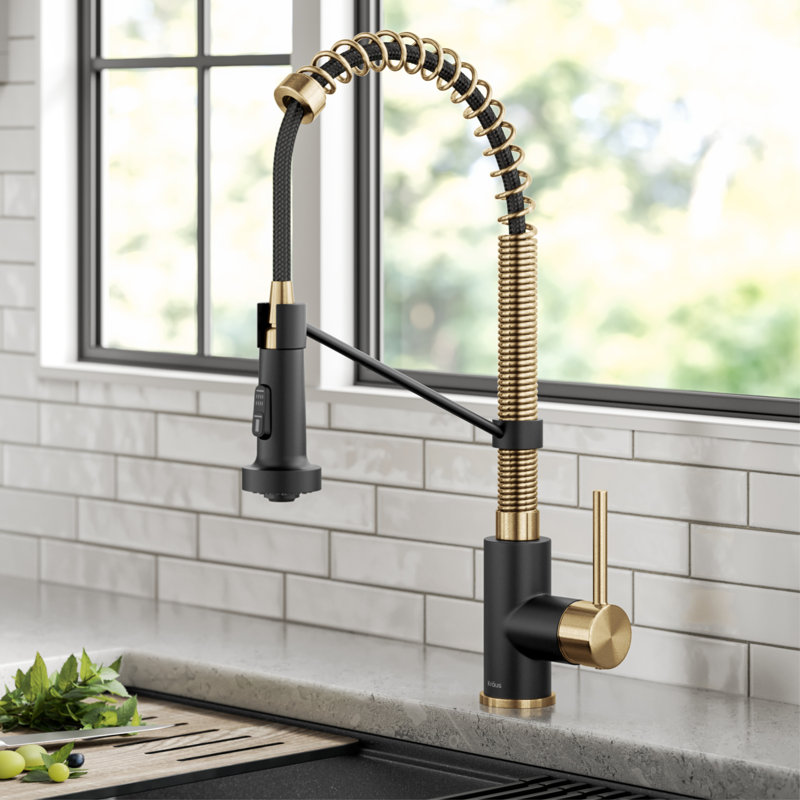 KRAUS Bolden Commercial Style 2-Function Single Handle Pull Down Kitchen Faucet, Gold/Black
