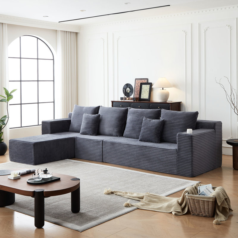 Canapé modulaire à 5 places en velours côtelé gris, porte-gobelets, sans assemblage, convient pour un week-end en velours côtelé avec sièges extra larges
