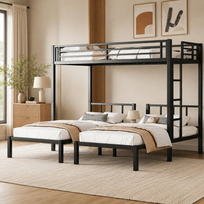 Triple Bunk Bed Frame Twin Over Twin Over Twin, Convertible To 3 Individual Beds, Metal Bunk Bed With Full-length Guardrails, Ladder & Upper Platform, Heavy-duty Construction, Black