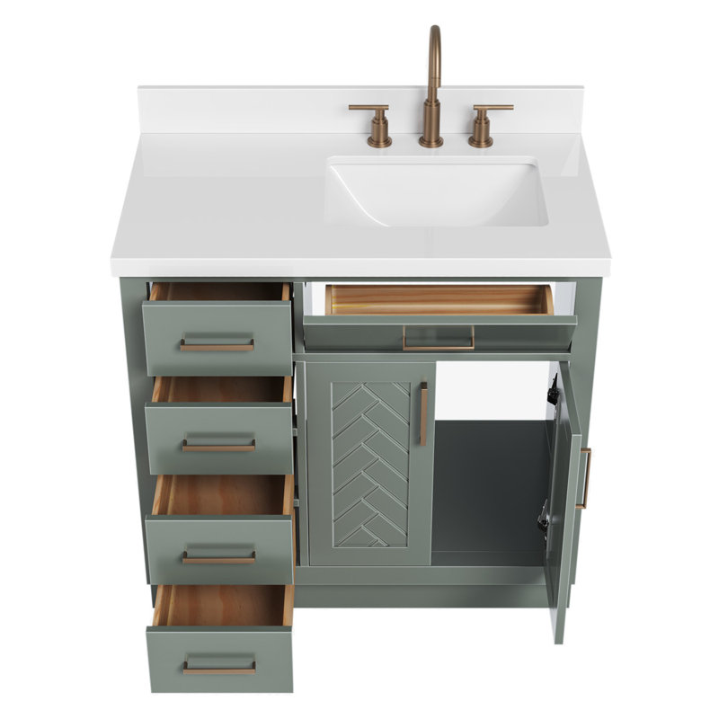 Meuble-lavabo simple en bois massif 36 po Tidworth avec plateau en quartz 1,5 po, Oui, Forme rectangulaire, Vert rétro