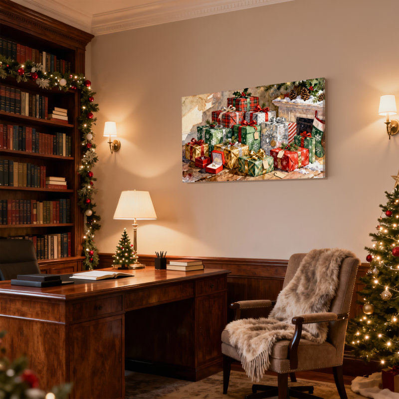Cadeaux de Noël sous le manteau de cheminée, ensemble de 3 impressions murales sur toile, H 16 po x l 24 po