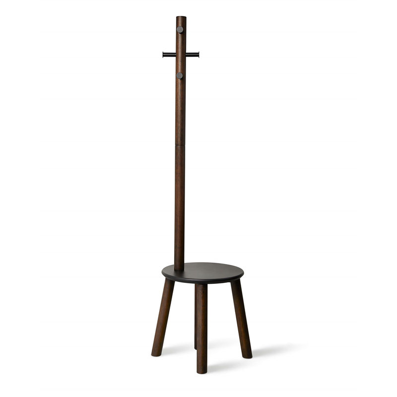 Black and Walnut Multifunctional Coat Rack with Integrated Stool
