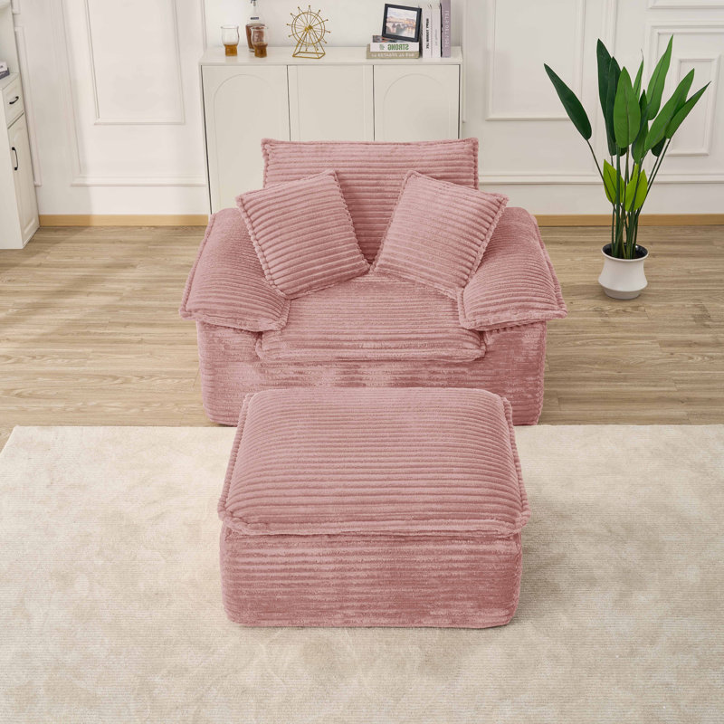 Chaise longue en velours côtelé avec repose-pieds Compression, sans assemblage, Rose