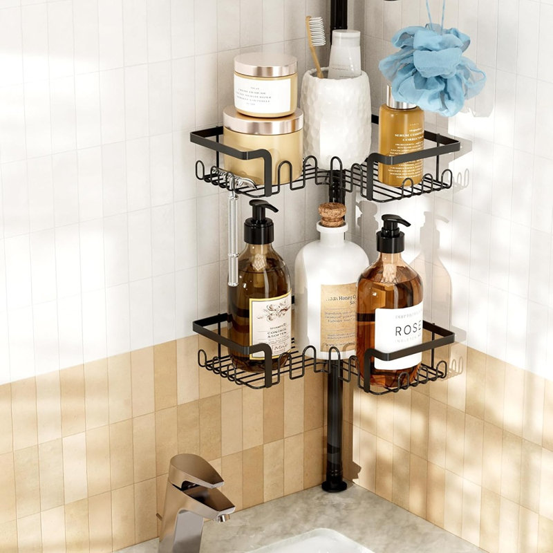 Corner Shower Caddy Tension Pole - Black - Adjustable 4-Tier Rustproof Shower Organizer Shelf Rack, Quick-Install Bathroom Storage For Corner Shower
