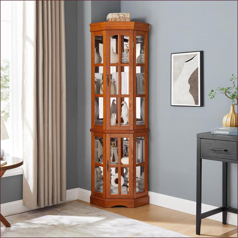 Cabinets, Traditional Walnut Brown MDF Corner Curio with 5 Shelves &amp; Lighting, 70.5"H x23.3"Wx18"D | Traditional | Corner of Room