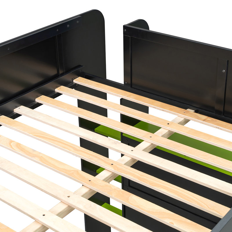 Lit superposé double en bois pleine grandeur avec bureau à hauteur réglable, garde-robe, grand espace de rangement et lumière RVB