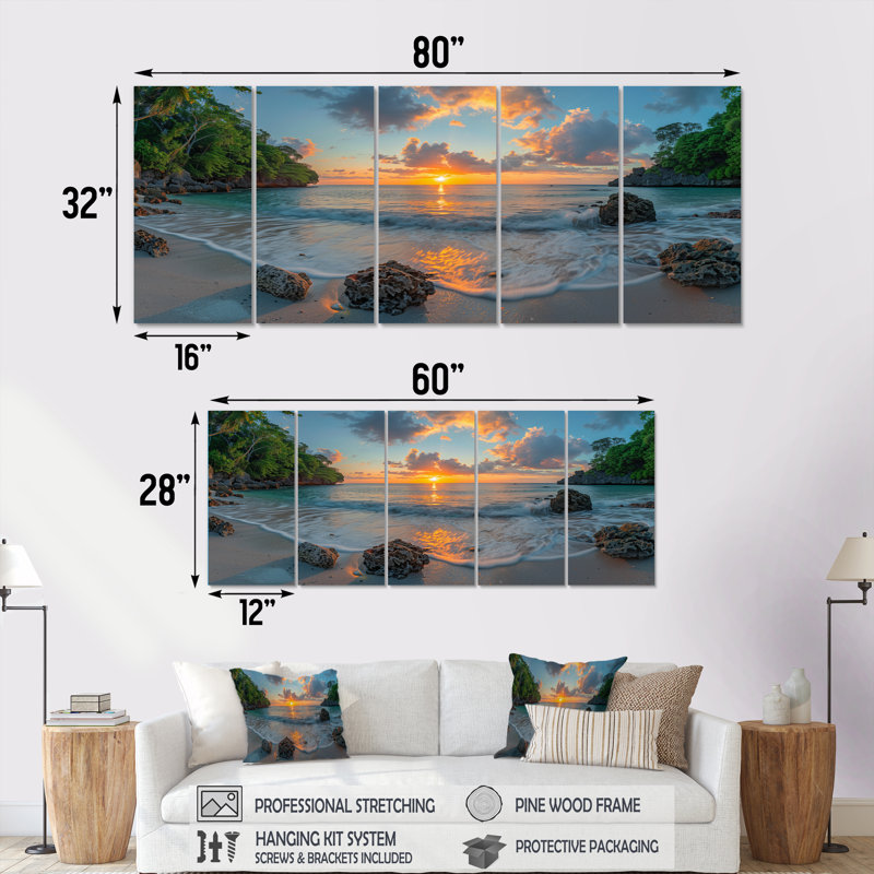Photo panoramique d'une plage rocheuse au lever du soleil - ensemble d'art sur toile plage, H 32 po x l 80 po