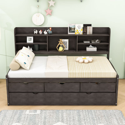 Shavada Twin Size Wooden Daybed with Built-in Bookshelves,Storage Drawers and Twin Trundle by Red Barrel Studio