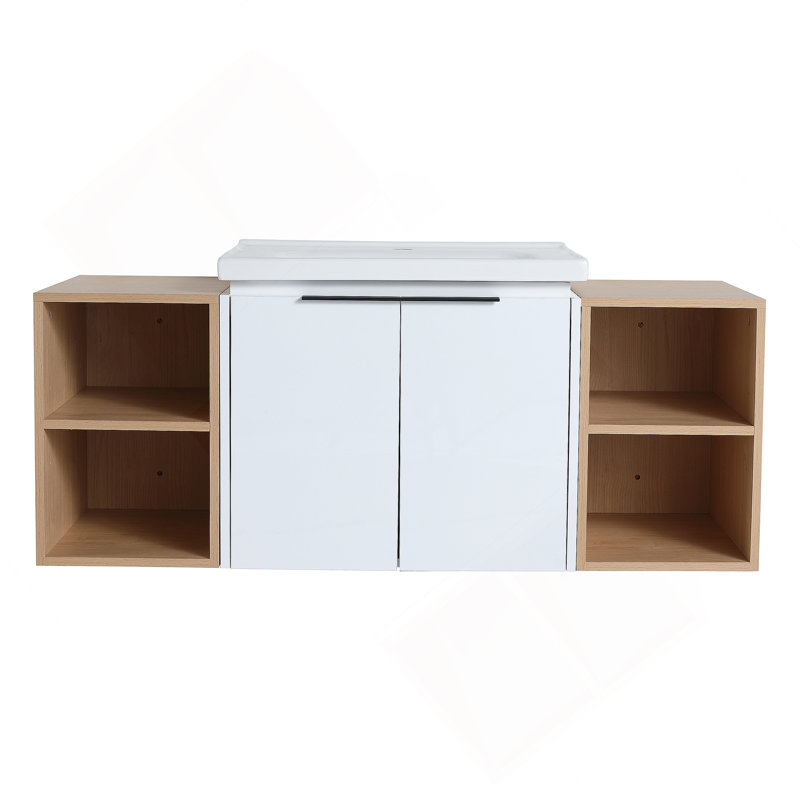 Meuble-lavabo à fermeture en douceur avec lavabo et petites tablettes de rangement