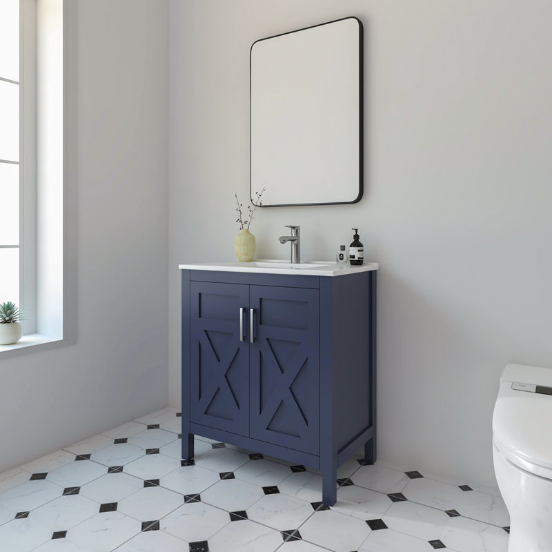 Ensemble de meuble-lavabo autoportant 30 po Amandie en bleu marine avec plateau en céramique blanche, Bleu marine