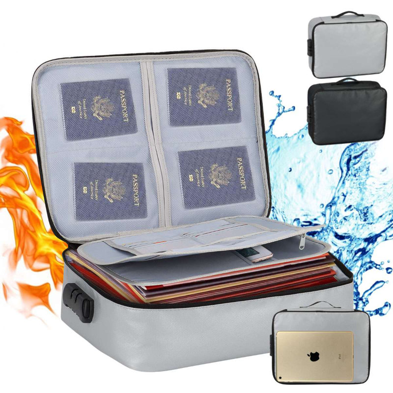 Fireproof Document Bag with Lock File Storage Organizer Bag Waterproof Safe Portable Pouch Bag, Silver