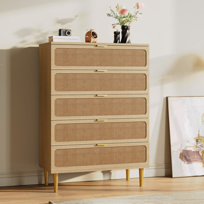 Modern Rattan 5 Drawer Dresser - Tall Wooden Chest with Deep Storage and Wide Top - Spacious Storage Cabinet for Bedroom, Living Room, Hallway, Kids Room, Nursery - Natural Wood Color Cabinet Body