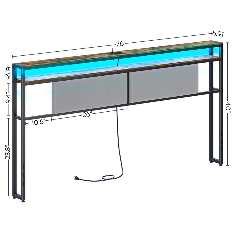 Tête de lit H 40 po pour lit très grand avec station de charge et lumière DEL Lutske, réglable en hauteur, King