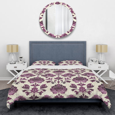 Ensemble de housse de couette mauve à motif floral damassé mauve et glamour I