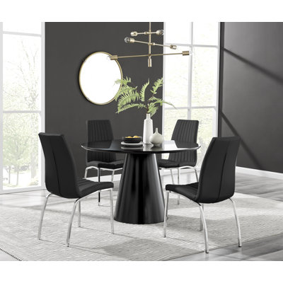 Edward Statement Pedestal Dining Table Set with 4 Luxury Faux Leather Upholstered Dining Chairs -  East Urban Home, 21C353826E804D6D92E5E931E142B5FE