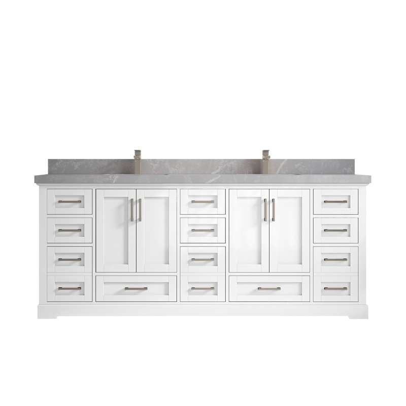 Eser 84'' Double Bathroom Vanity with Top, Pearl Light Gray Quartz, White