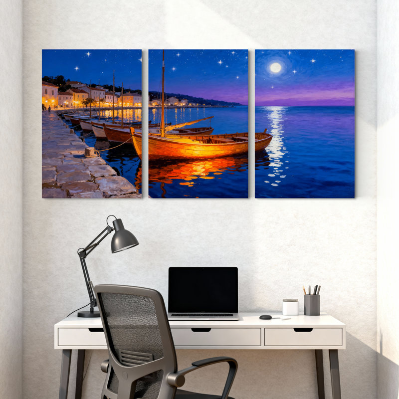 Abstrait ciel nocturne au clair de lune, bateaux d'eau, reflet d'étoiles, ensemble de 3 impressions sur toile