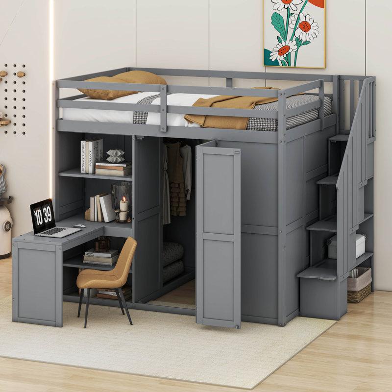 Lit superposé double avec garde-robe, bureau et tablettes, gris