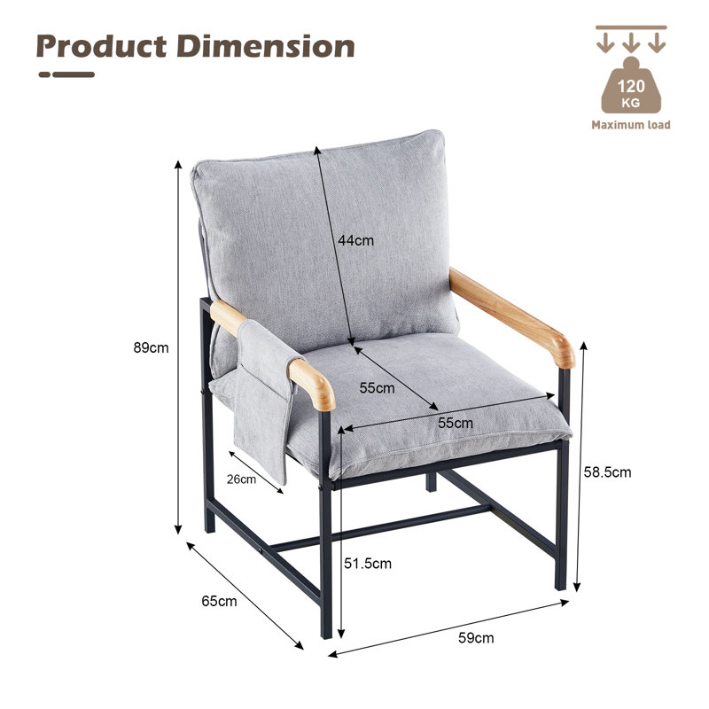 50cm H Fabric Upholstered Metal Armchair, Grey