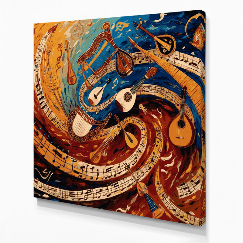 «Music Folk and Ethnic Music Symbols», art mural sur toile brune, H 12 po x l 12 po