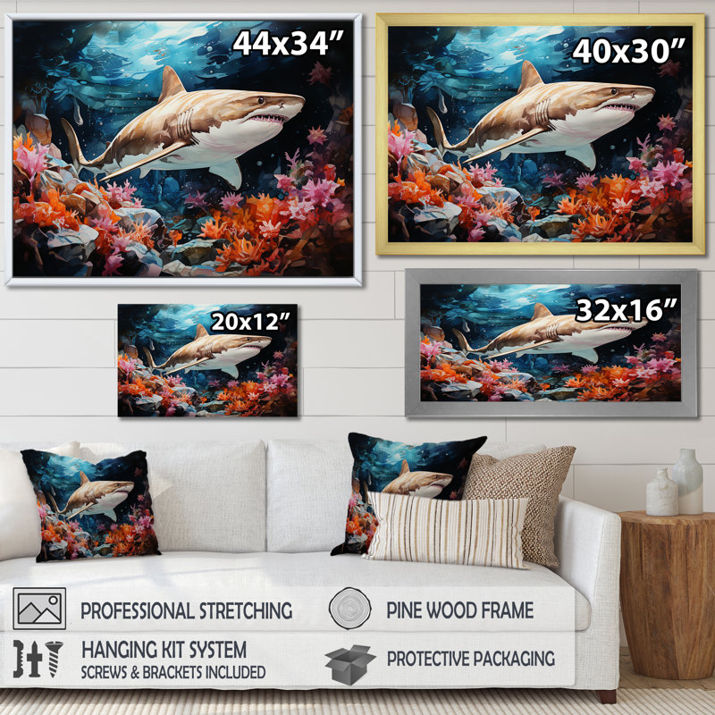Silent Hunter Sharks Portrait III - plage et océan, art mural sur toile, H 12 po x l 20 po x P 1 po, Cadre flottant blanc