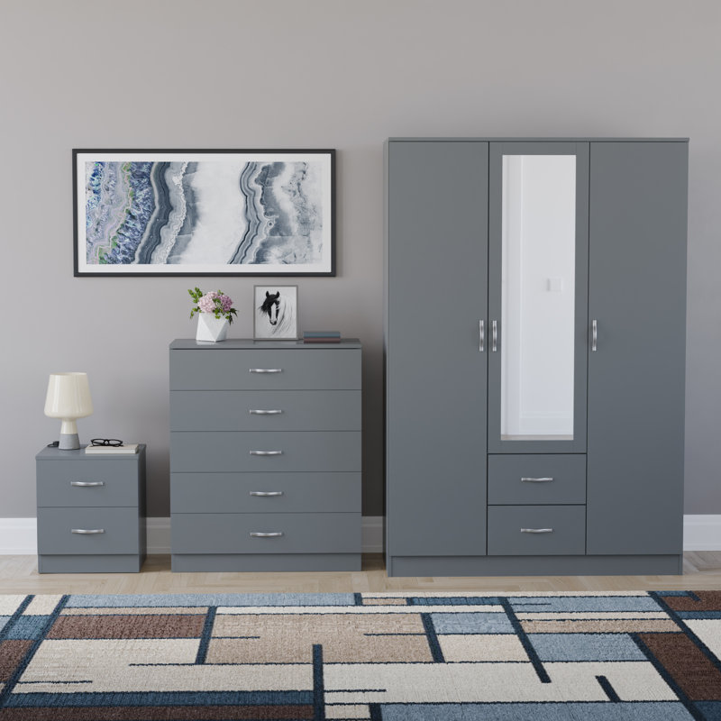 Maybery 3 Piece Bedroom Set (2 Drawer Bedside Chest, 5 Drawer Chest, 3 Door 2 Drawer Mirrored Wardrobe), (5), Grey