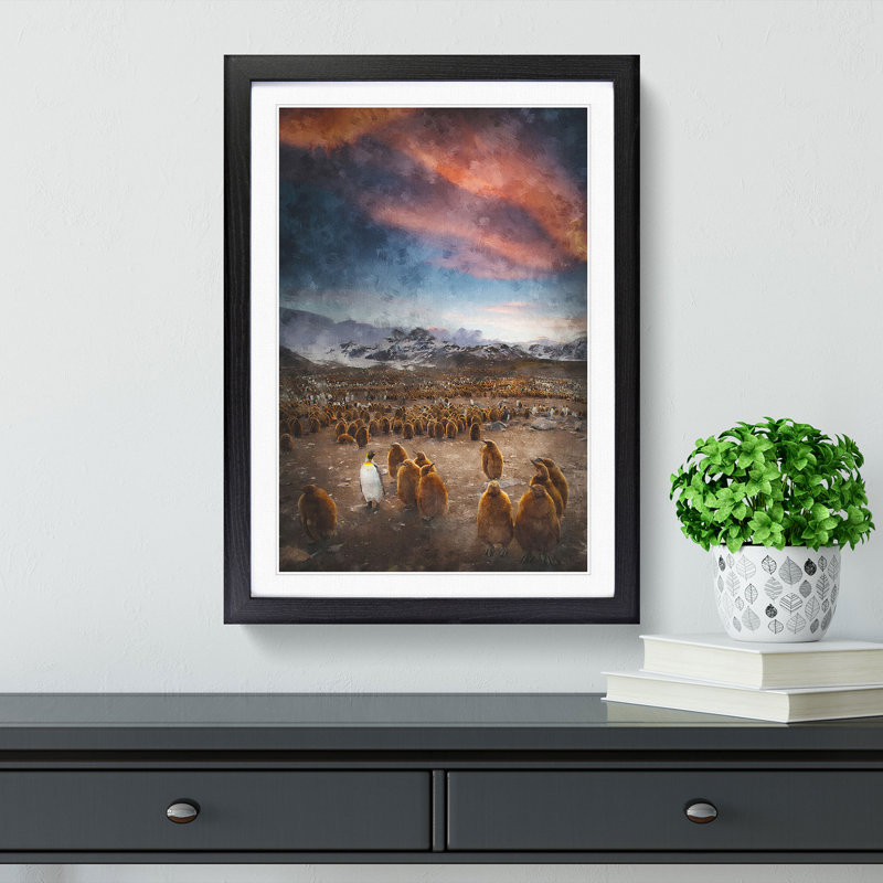 King Penguins & Mountains - Framed Print, 63cm H x 45cm W x 2cm D, Black Framed