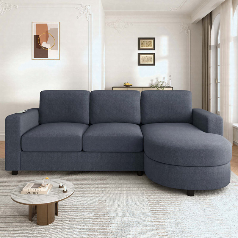 84.6" L-Shaped Sectional With Curved Chaise, USB Ports & Side Storage Pockets, Blue