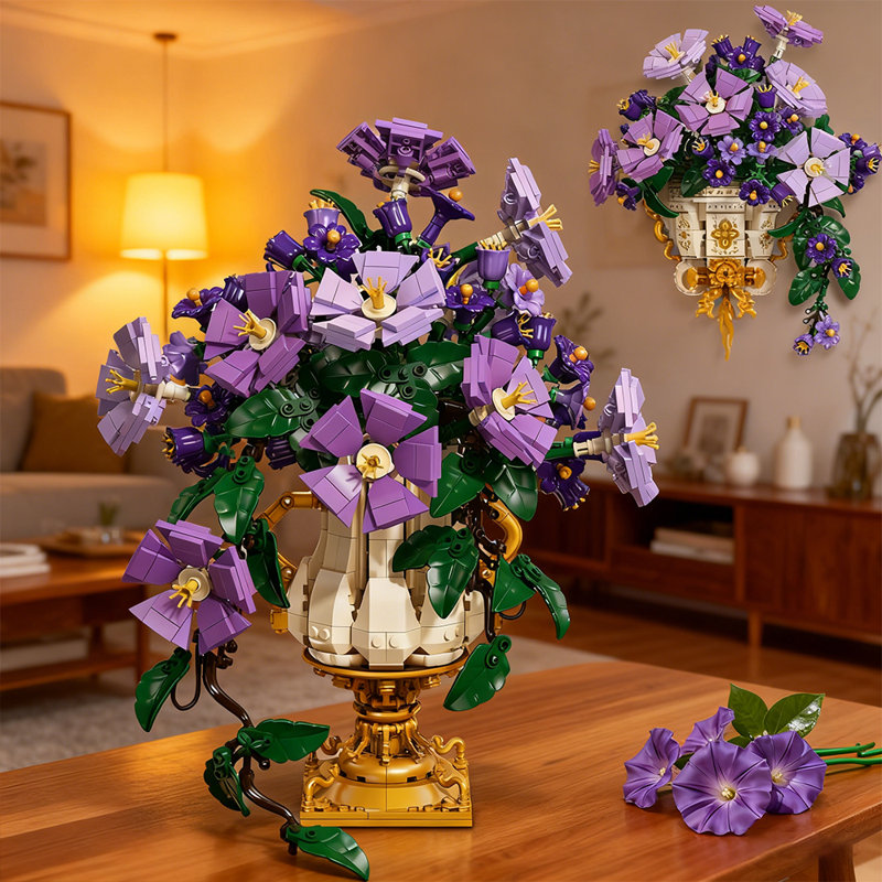 Ensemble de construction de bonsaï Morning Glory avec vase, 1136 pièces, pot de fleurs 2 en 1 à poser et à fixer au mur, décoration botanique pour adultes (12 ans et plus).
