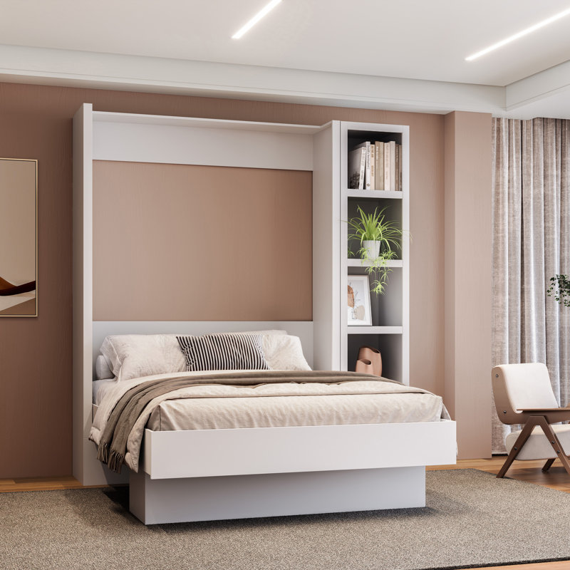 Lit escamotable avec bibliothèque Easy-Lift, Blanc, Complet/Double