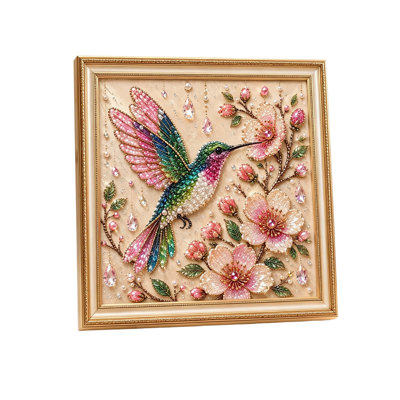 Artificial Flower Bird Pearl Art DIY Kit DIY Beaded Embroidery Bird Flower Art Kit Crystal Pearl Rhinestone Handmade Painting Set With Golden Framed -Printed Canvas Bead
