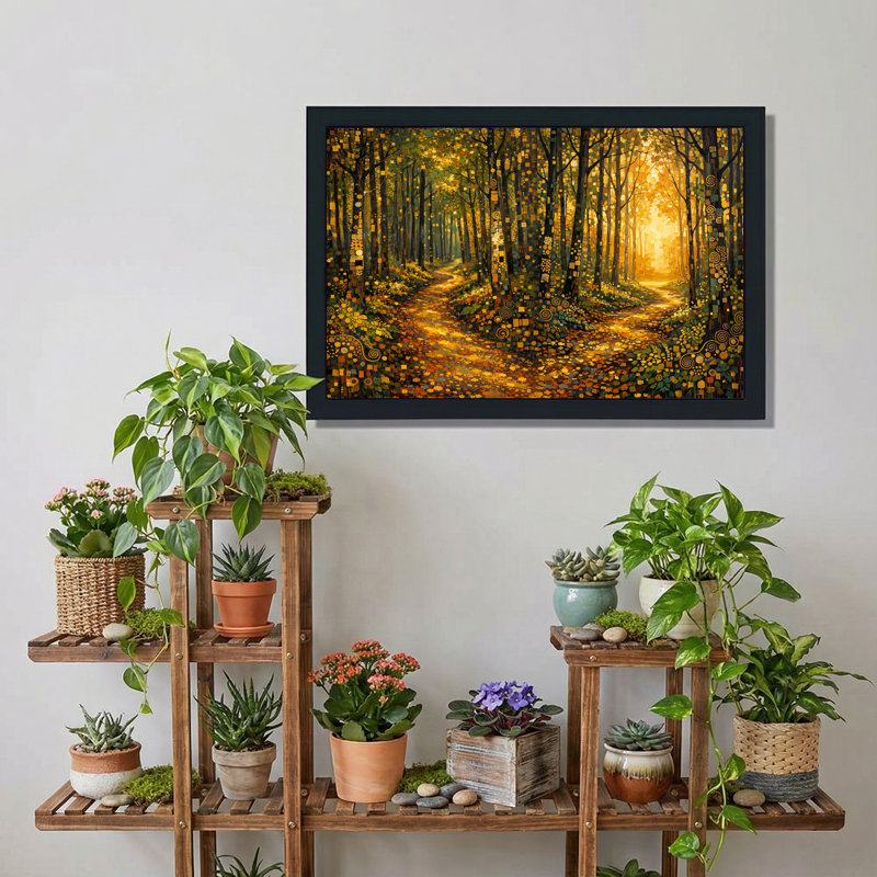 «Golden Forest Path with Art Nouveau Spiral», art mural sur toile, H 20 po x l 30 po