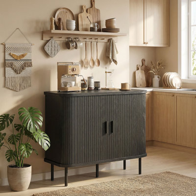 Buffet, armoire de rangement à lattes, noir