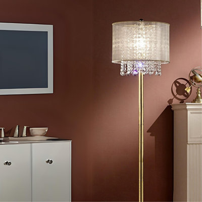 65" Tall Floor Lamp "Bhavya" W/ Gold Finish And Crystal Accents, White Shade