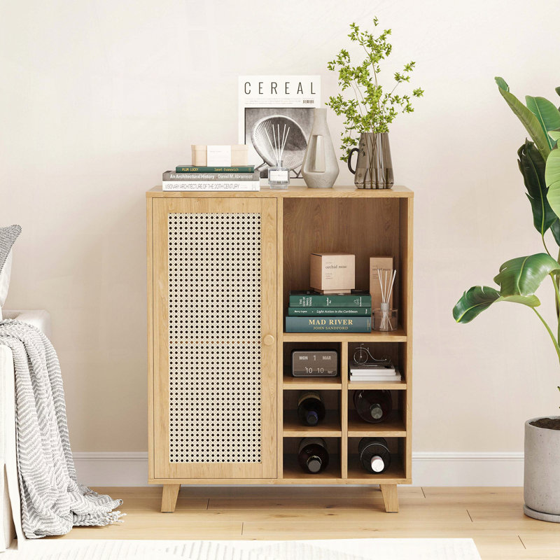 Wine Bar Cabinet with Rattan Door, Natural