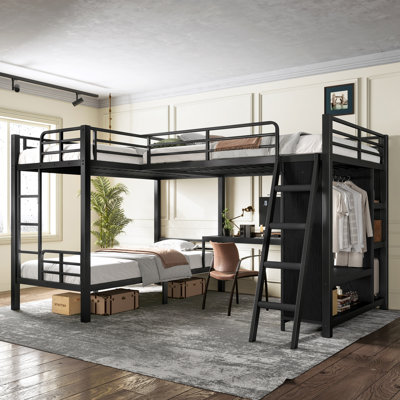 Lit superposé triple en L avec bureau et garde-robe, lit superposé, lit mezzanine double, sans sommier