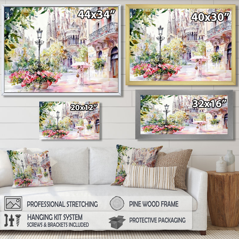 «Barcelona City In Summer II», reproduction sur toile de Barcelone, H 16 po x l 32 po, Blanc