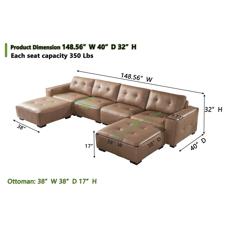 Upholstered Leather 6-piece U Sectional Reversible Chaise Ottomans, Brown Faux Leather