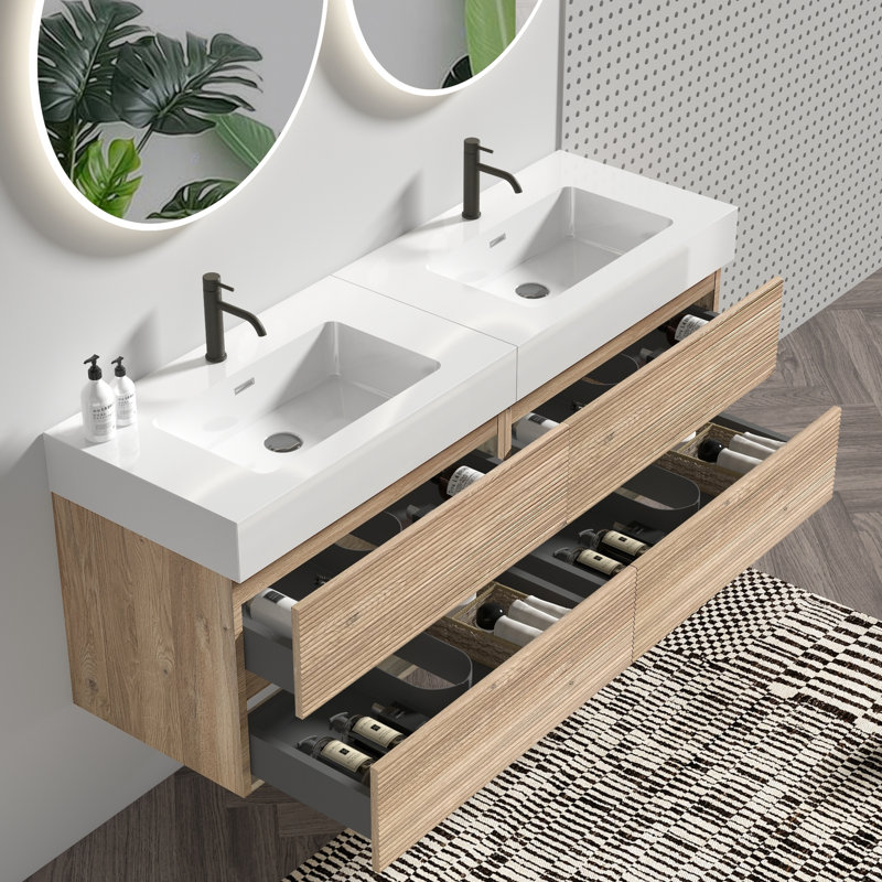Meuble-lavabo mural 60 po avec tiroirs en chêne brut, panneau de grille noir, épissure en noyer, matériau de qualité E1, évier à quartz flottant avec système de tiroir silencieux, poignée cachée, système, eau E0