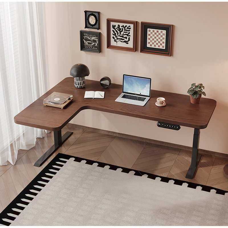 Solid Wood L-shaped Electric Adjustable-height Desk, 27.9" H x 70.9" W x 43.3" D
