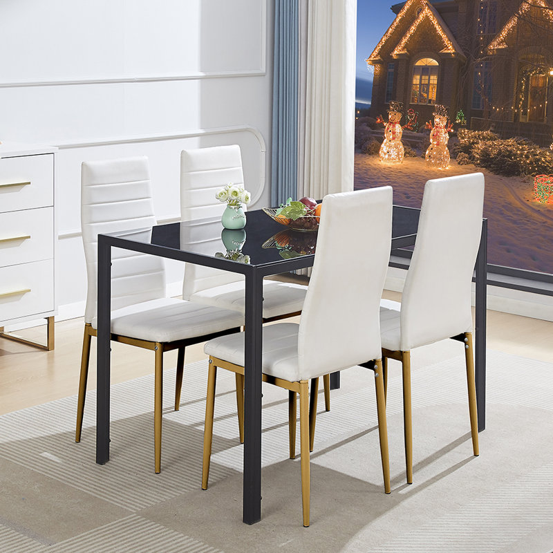 4 - Person Dining Set, White/Gold, Black