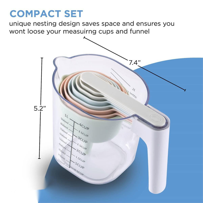 Measuring Cup Set - 9 PC. Nesting Stackable Liquid Measure Cup, Dry Measuring Cups And Spoons With Funnel And Scraper (Pastel)