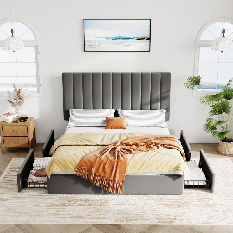 Lit plateforme tapissier en velours avec tête de lit réglable et 4 tiroirs, Double , Gris brumeux