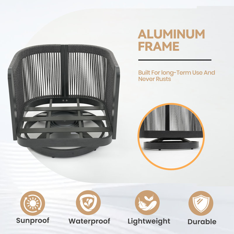 Modern Rope-Woven Patio Swivel Chair with Aluminum Frame and Wood Grain; Weather-Resistant Outdoor Armchair for Pool and Garden 